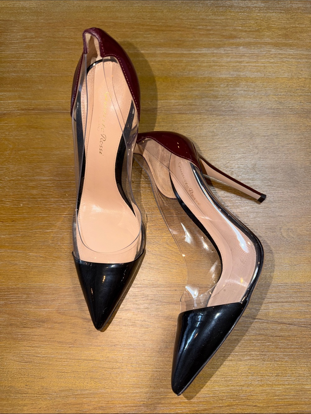 Gianvitto Rossi Plexi Two-Tone Pointed Toe Stiletto Pump - Black & Burgundy